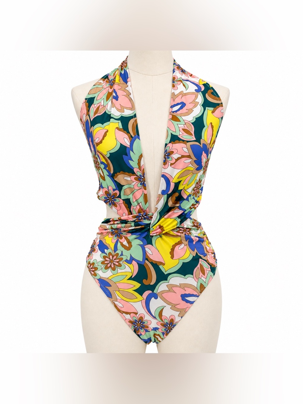 Ramy Brook Floral Plunge Halter One-Piece Swimsuit Multicolor Cutout SZ Small